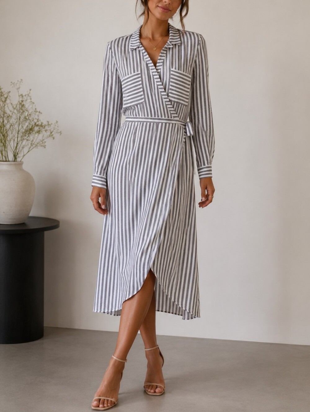 Whistles Striped Long Sleeve Wrap Dress